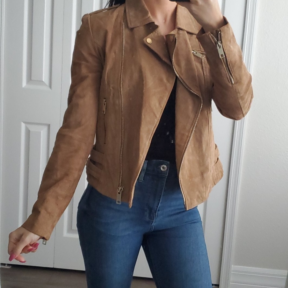 Mango Camel Leather Moto Jacket